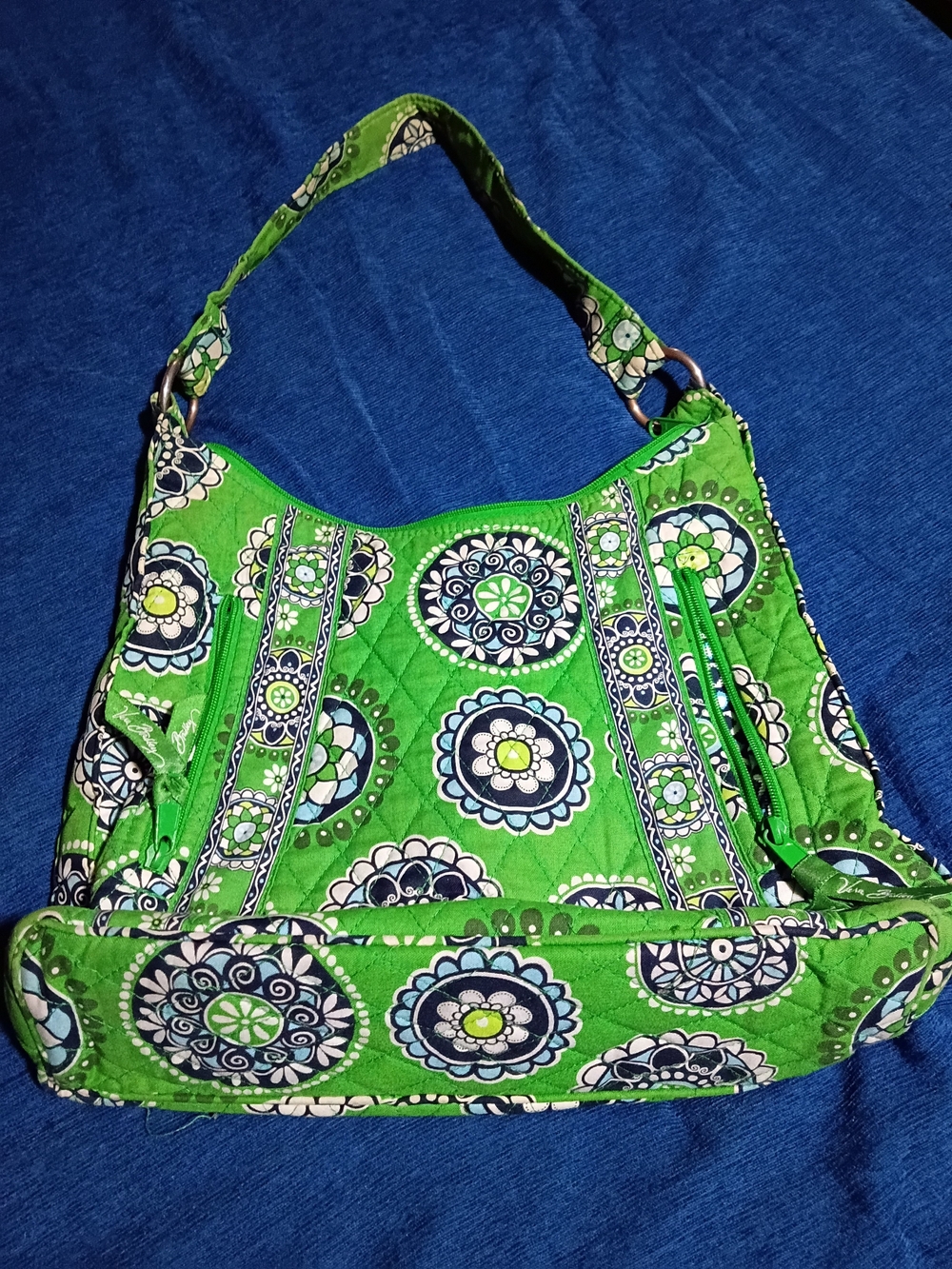 Vera Bradley Green Quilted Floral Shoulder Bag with Navy Accents